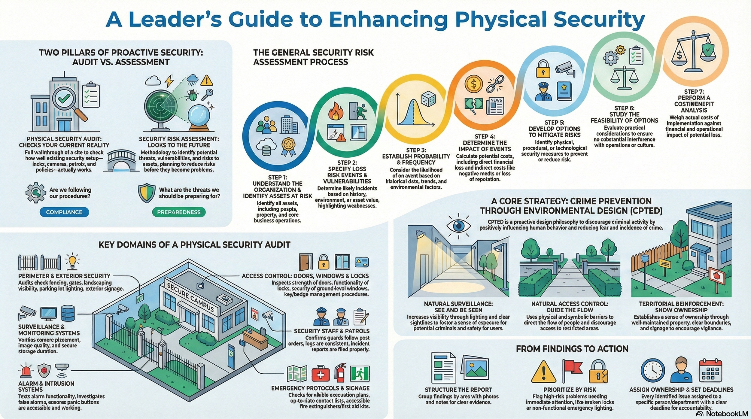Infographic outlining security audits vs. security assessments and the steps to take for the general security risk assessment process.