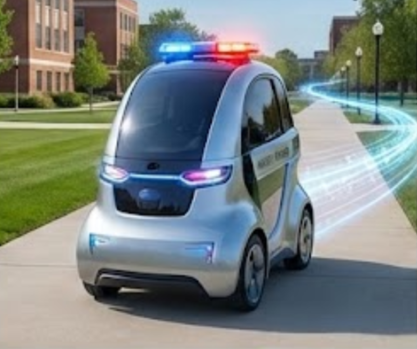 A small futuristic-looking police vehicle patrolling a college campus.