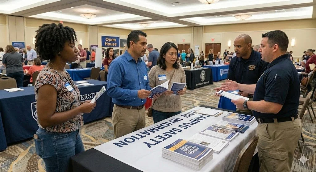 Parents attending an information session at a university talking with representative from public safety at an information table.