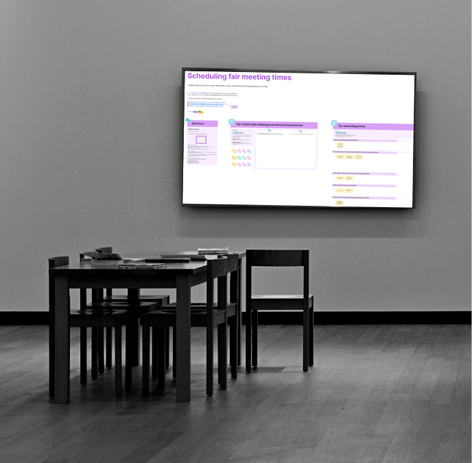 Empty conference room with interactive whiteboard on television screen