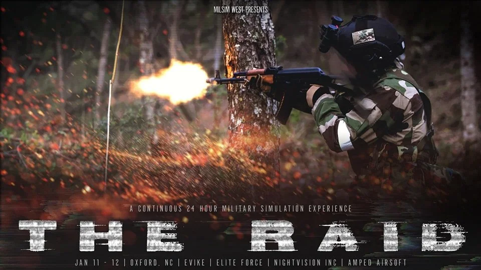MilSim West is excited to announce our first ever 24 hour event, THE RAID, Jan 11-12 in Oxford North Carolina.
This AO consists of 500 acres of private wooded land that offers a unique maneuver space consisting of river beds, trails, hills, power lin