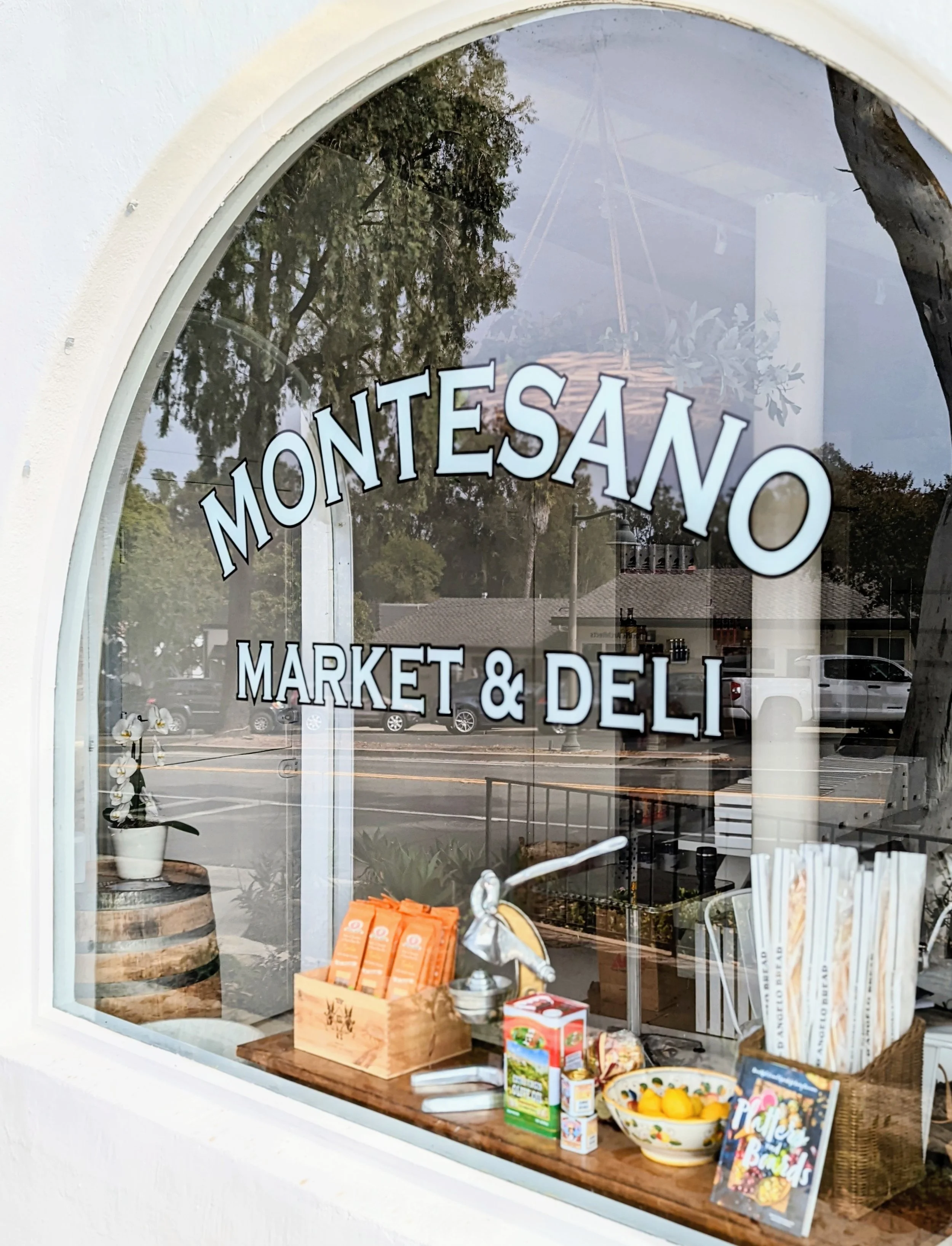 Montesano Market storefront window display on Coast Village Road in Montecito