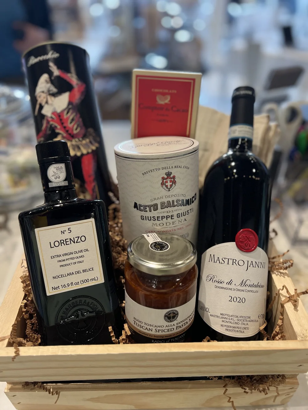 Custom gift basket with wine, pasta, and Italian artisanal goods from Montesano Market