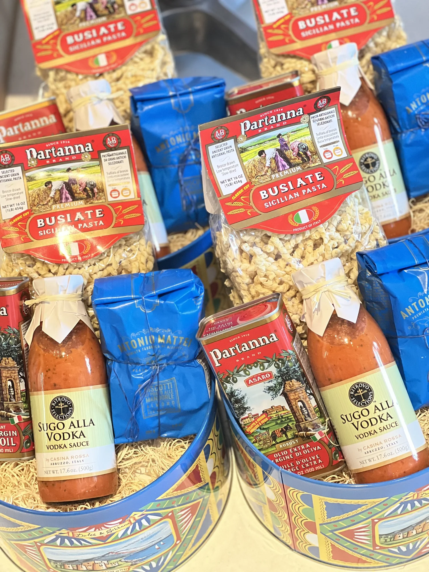 Italian pasta and specialty groceries on shelves at Montesano Market