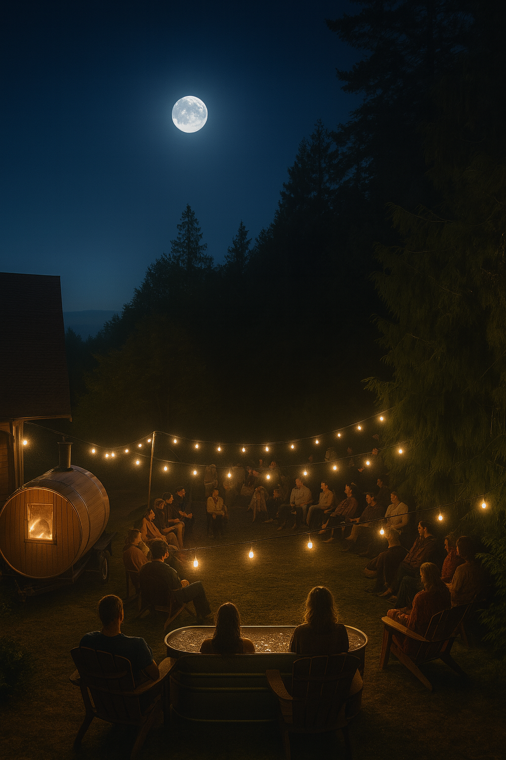 Imagine stepping into the evening air, the soft glow of string lights overhead, the moon reflecting on the water. This sauna session is a magical nighttime ritual, a chance to unwind under the stars and feel the deep relaxation that comes from this b