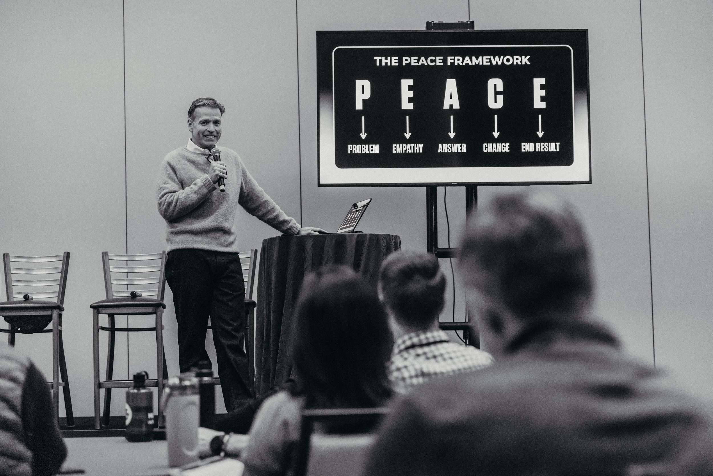 Donald Miller teaching StoryBrand Certified Guides the PEACE Soundbite Framework during advanced StoryBrand messaging training in Nashville in October 2025.