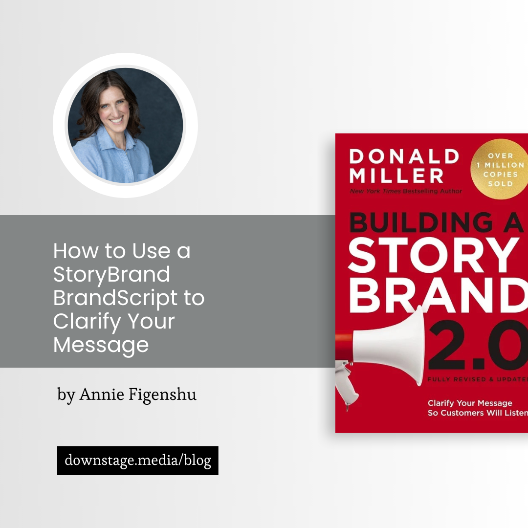 StoryBrand BrandScript blog graphic with Annie Figenshu and the Building a StoryBrand 2.0 book cover.