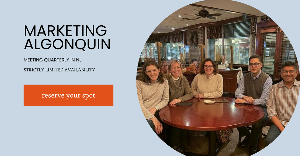 Marketing Algonquin dinner event featuring New Jersey marketers gathered around a table for a quarterly marketing roundtable