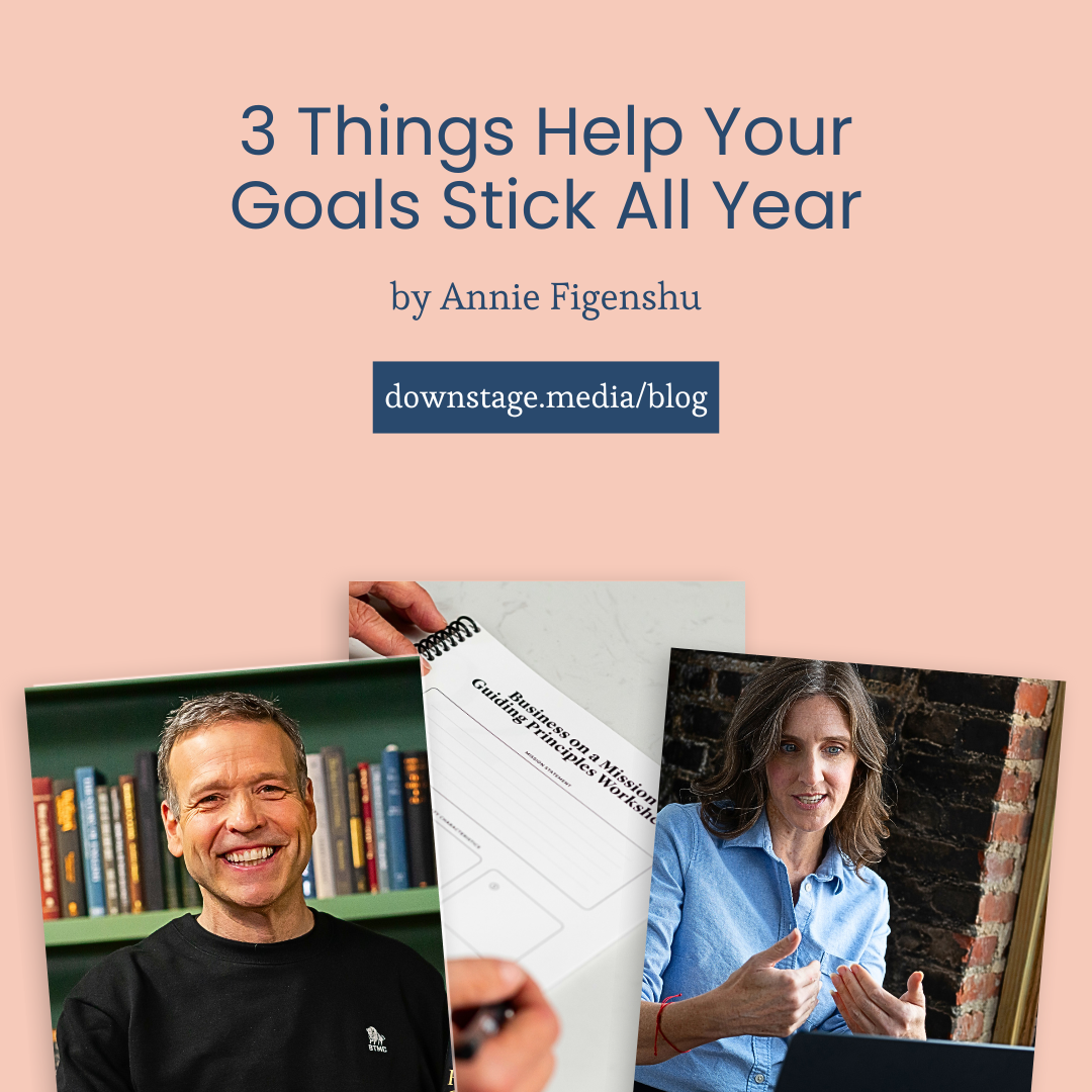 Featured image for a blog post about goal setting and accountability, featuring business planning materials, Donald Miller, and Annie Figenshu.