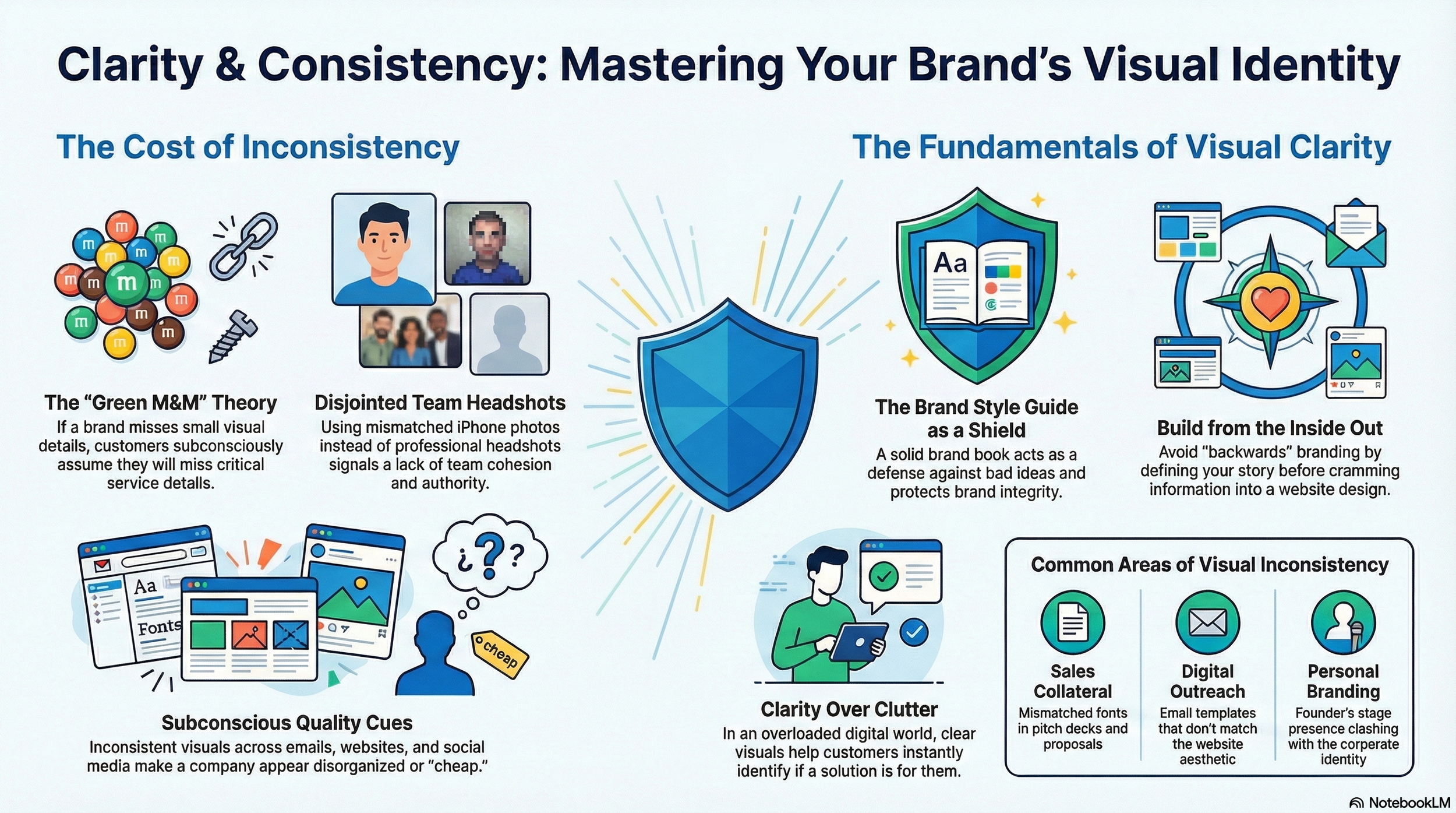 Infographic titled “Clarity & Consistency: Mastering Your Brand’s Visual Identity” showing the cost of visual inconsistency, the Green M&M theory, brand style guide as a shield, building from the inside out, and common areas of visual misalignment.
