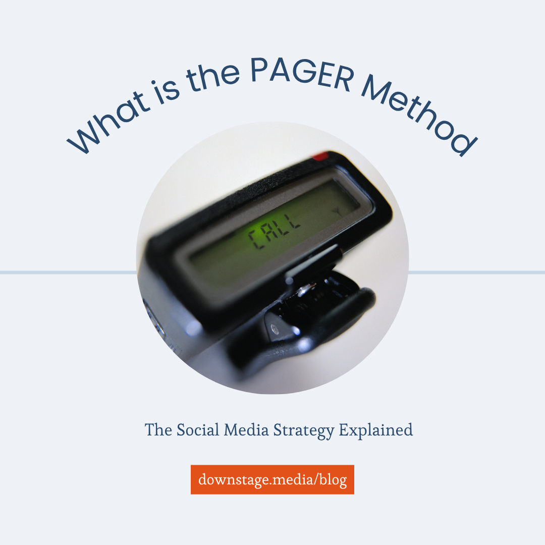 A close-up of a pager device displaying a message, used as a visual for explaining the PAGER social media strategy.