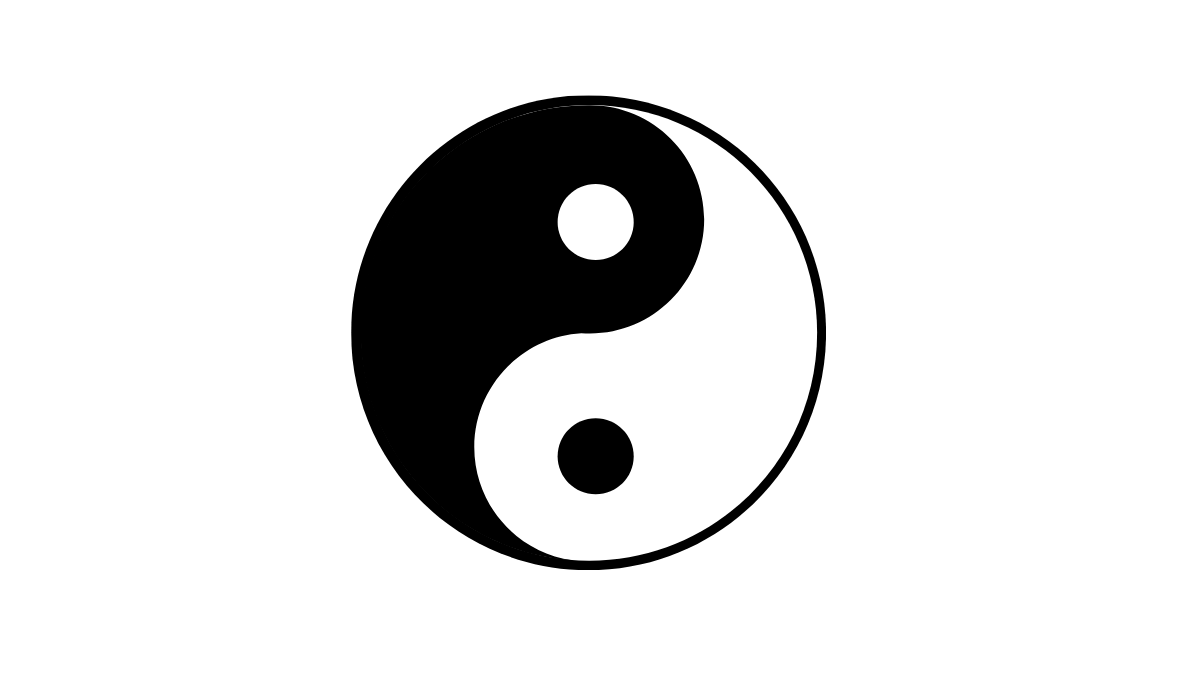 Black and white yin-yang symbol with a glossy finish on a black background.