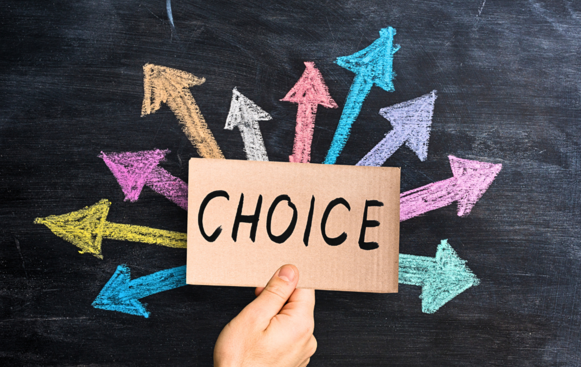 Hand holding a paper sign with the word 'CHOICE' in front of a blackboard with colorful chalk arrows pointing in different directions.