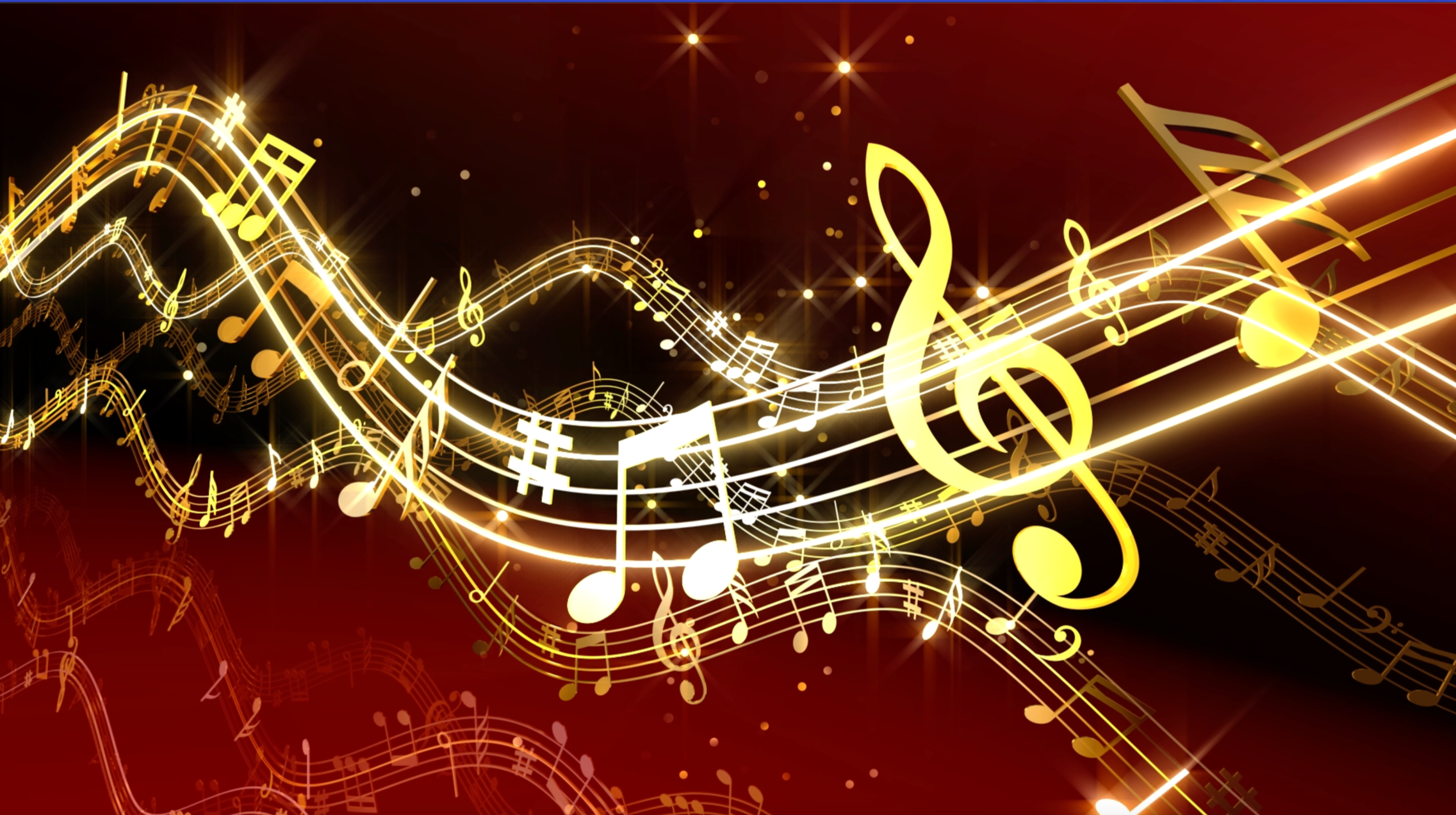 Golden musical notes and symbols flowing across a dark red background with sparkling effects.