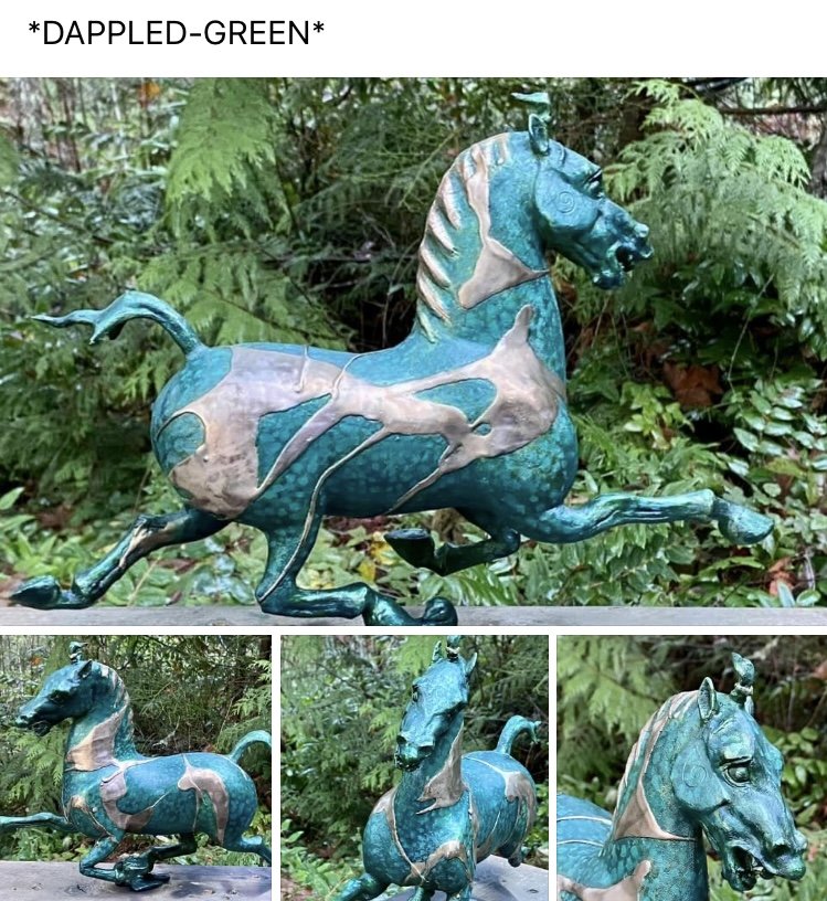 18. DAPPLED GREEN , Sara Mall Johani (Gansu study) Cast bronze. 16"x6"x11" One of two.