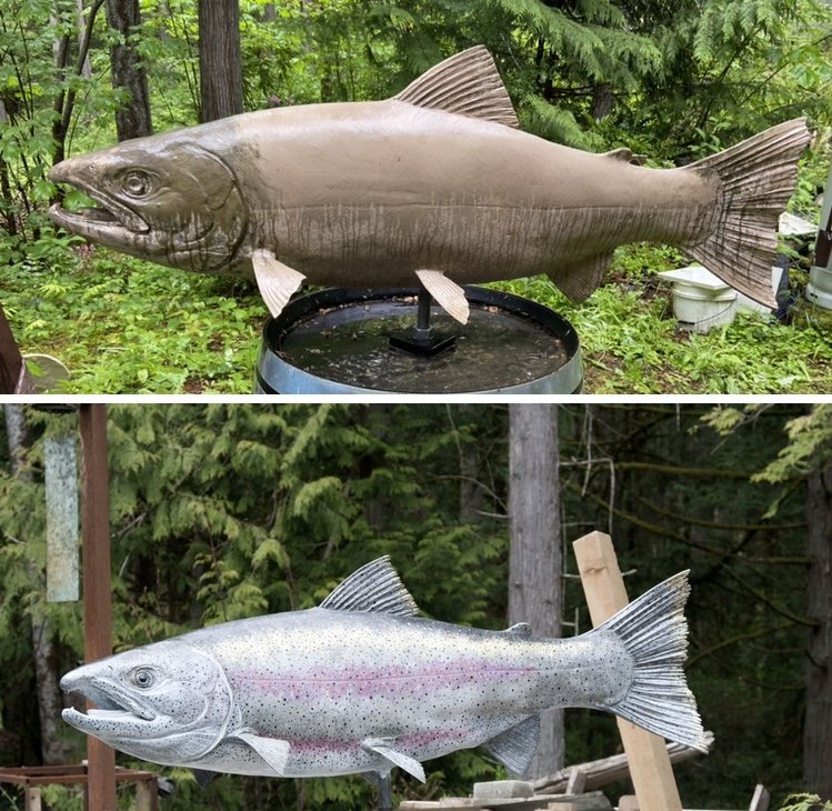 19. TOM’s LAST SALMON , Tom Jay Cast bronze. 54X15X23 Photo shows unfinished piece. Compare to Kowetsek below: same piece, finished.