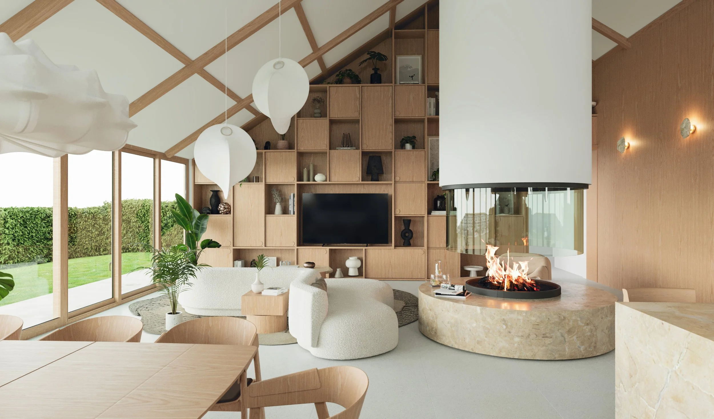 Modern living room with large windows, wooden walls and ceiling, a cozy seating area, a fireplace, and a built-in wooden shelving unit.
