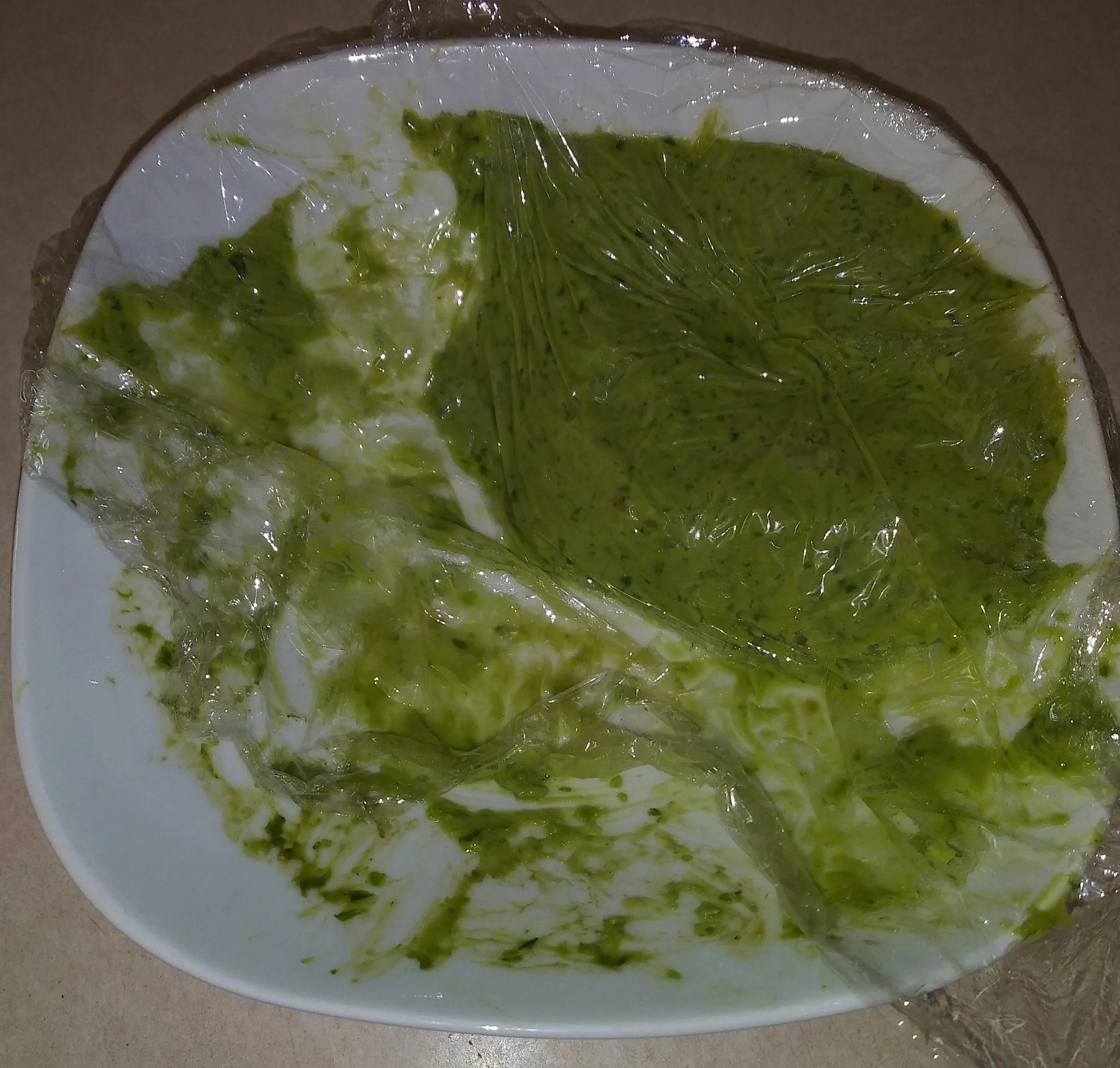 Green Guacamole taking up one third of a white bowl