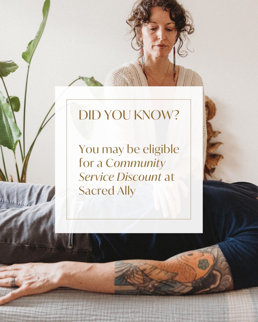 At Sacred Ally, we are deeply grateful for those who care for the well-being of our wider community. To honor that commitment, we offer a monthly Community Service Discount to individuals working in essential service fields.

If you&rsquo;re employed