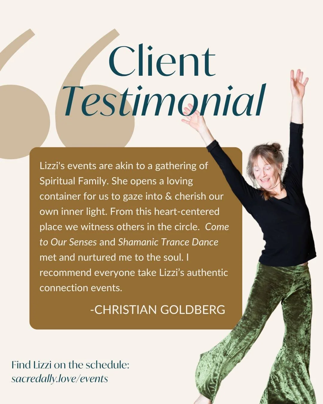 We are so grateful to have such a caring and deeply attuned practitioner like Lizzi on our team! 

If you've been looking for a sign to try out one of her events - like Come to Our Senses or Shamanic Trance Dance - look no further. As this testimonia