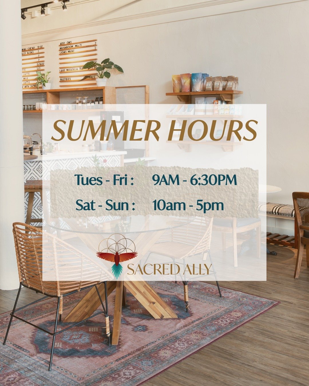 Starting this Saturday (5/2), our hours will be 10am&ndash;5pm, now matching our Sunday schedule.

This change comes in preparation for our first season at the Missoula River Market! We&rsquo;re excited to bring Sacred Ally beyond the studio and into