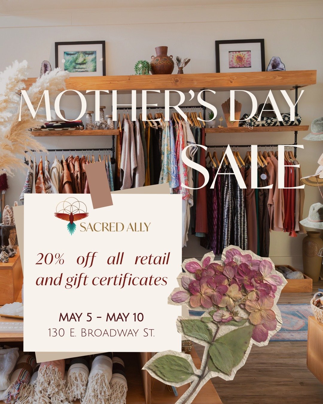 💐 Happy Mother's Day to all of the women who truly make this world spin 💐

From May 5&ndash;10, enjoy 20% off all retail and gift certificates, plus a special discount rack.

Our curated pieces and relaxing bodywork make meaningful gifts for your m