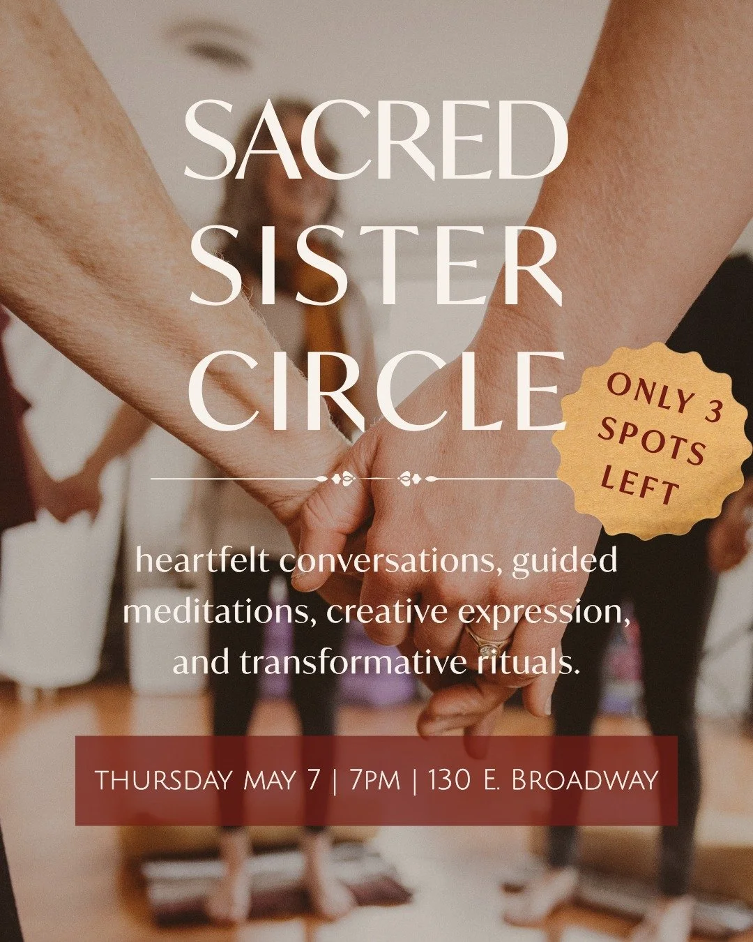 Spots are filling up for tomorrow's Sacred Sister Circle! 

Mudita Kristy Hinton, a certified health and wellness professional, guides this transformative and empowering experience, where we invite you to connect, grow, and embrace your authentic sel