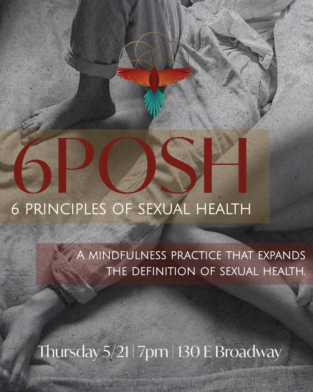 Join us this Thursday 5/21 to explore the 6 Principals Of Sexual Health:
Consent.
Non-Exploitation.
Honesty.
Shared Values.
Protection.
Pleasure.

Led by dynamic facilitator and pleasure activist Jesse, this event will deepen your understanding of co