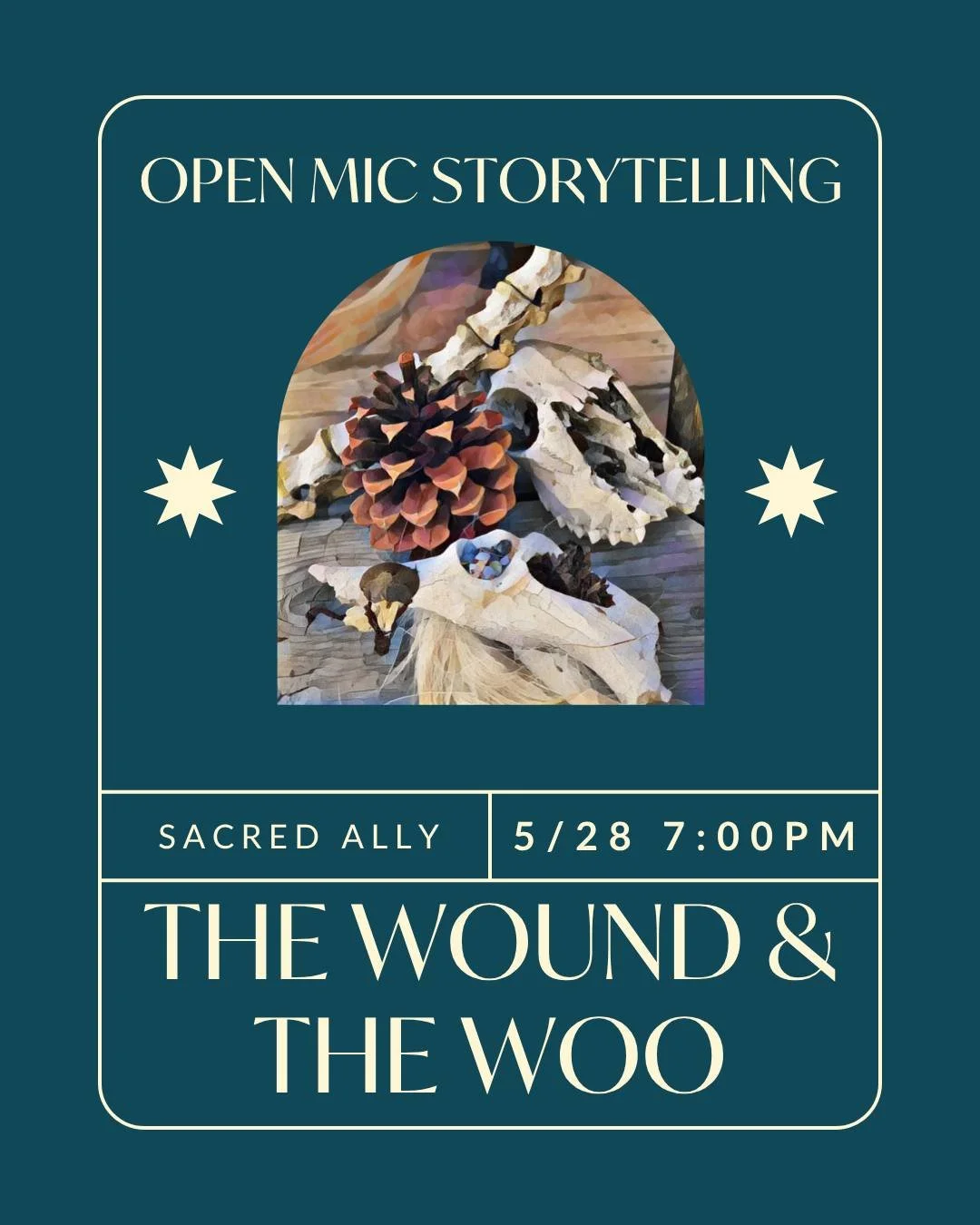 This Thursday 5/28 at 7pm, The Wound and the Woo welcomes stories of tenderness, resilience, synchronicity, and those moments when life fell apart and something meaningful emerged. 

Hosted by @melabangs: storyteller, creator of Storied Spaces, and l