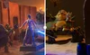 Scene from Star Wars action figures, featuring Jedi with blue lightsaber on the left and Yoda with a frog on the right.