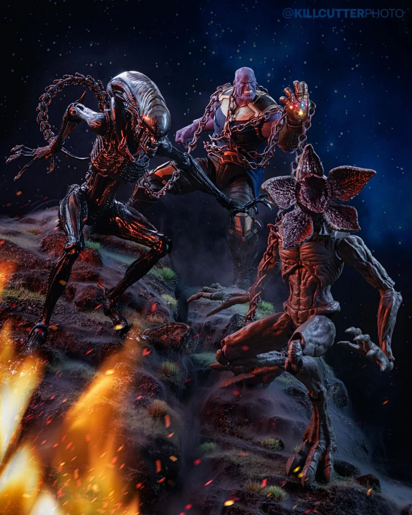 Thanos doesn&rsquo;t hire security &mdash; he collects nightmares.
Xenomorph on the left. Demogorgon on the right.
Perfectly balanced&hellip; as all terrifying things should be.

&ldquo;Trophies of War&rdquo; 
I originally built this massive mountain