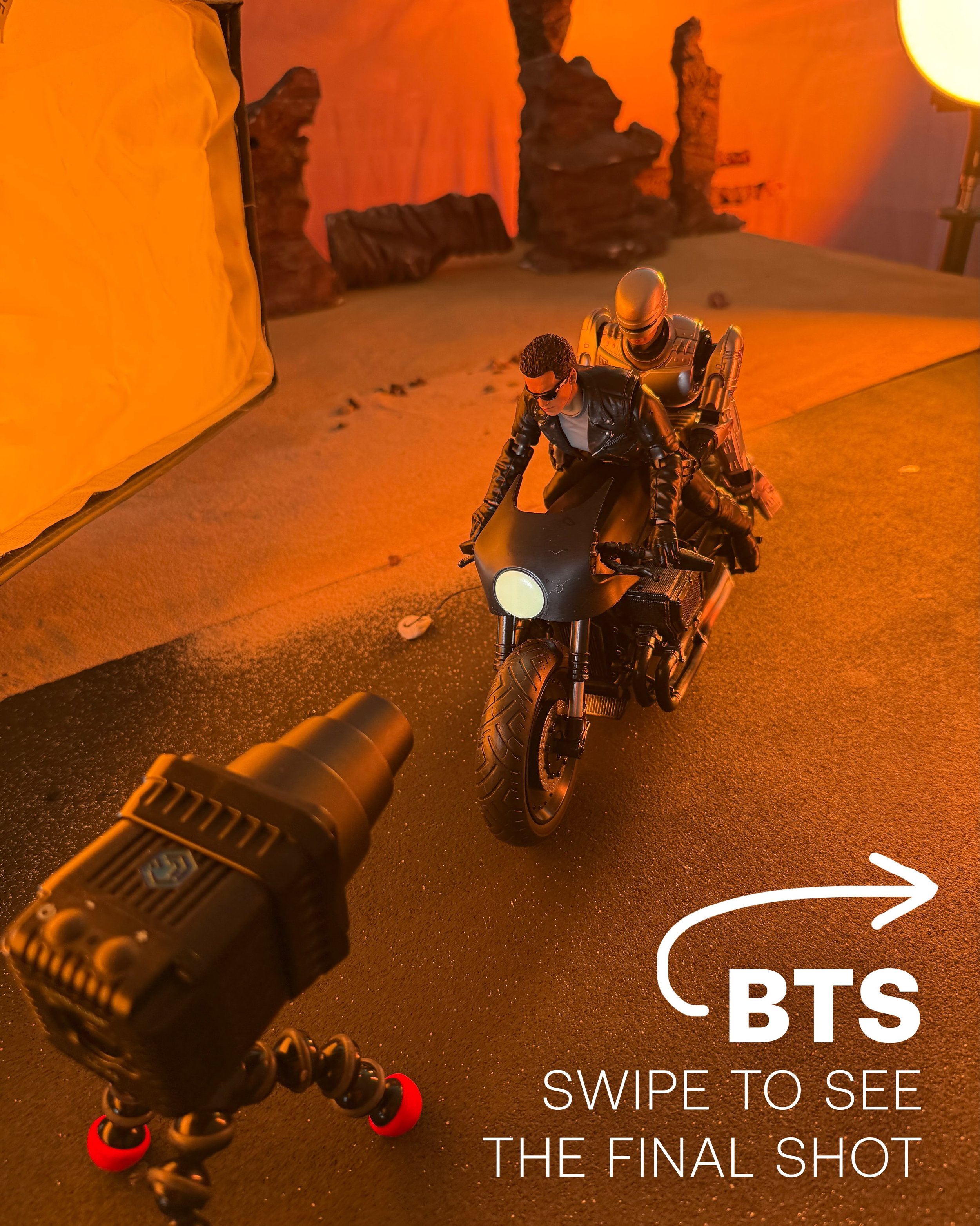 BEHIND THE SCENES of my recent toy photoshoot titled &ldquo;Programmed to Ride&rdquo;

For this BTS setup, I pushed my blacktop and desert bases together to create the road, then used loose sand to disguise the seam between them. I built out the back