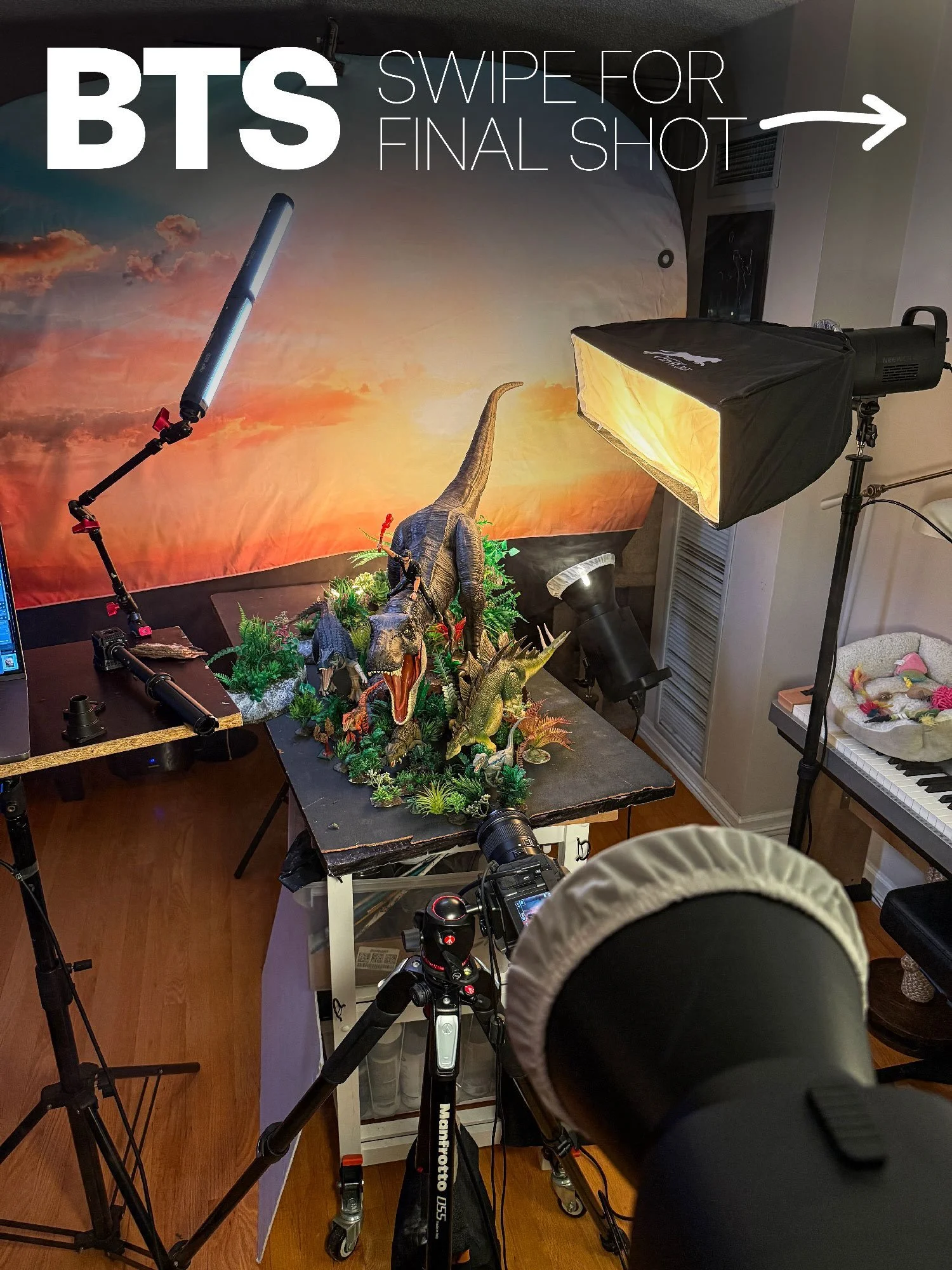 Behind-the-scenes of &ldquo;Chaos Finds a Way&rdquo;, my recent Jurassic Park toy photoshoot.

For the scene, I filled the foreground with a ton of cheap plastic plants I found online to make it feel like the dinosaurs were charging through thick jun