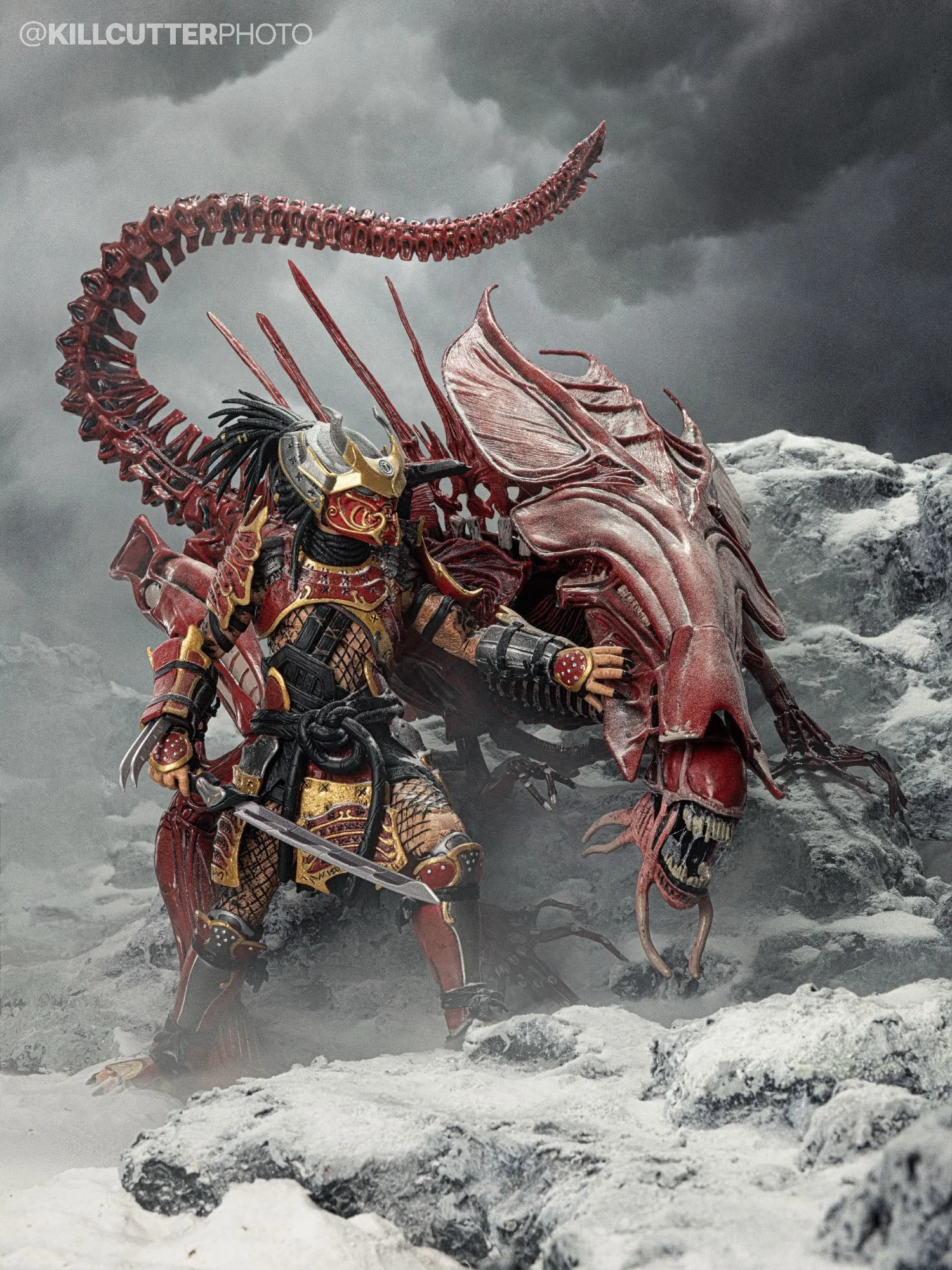 The enemy of my enemy is still a monster.

&ldquo;Crimson Hunt&rdquo;
These snowy mountain diorama pieces did most of the heavy lifting in building out the scene. I crafted them from foam and designed them to be modular, so I can reconfigure the land