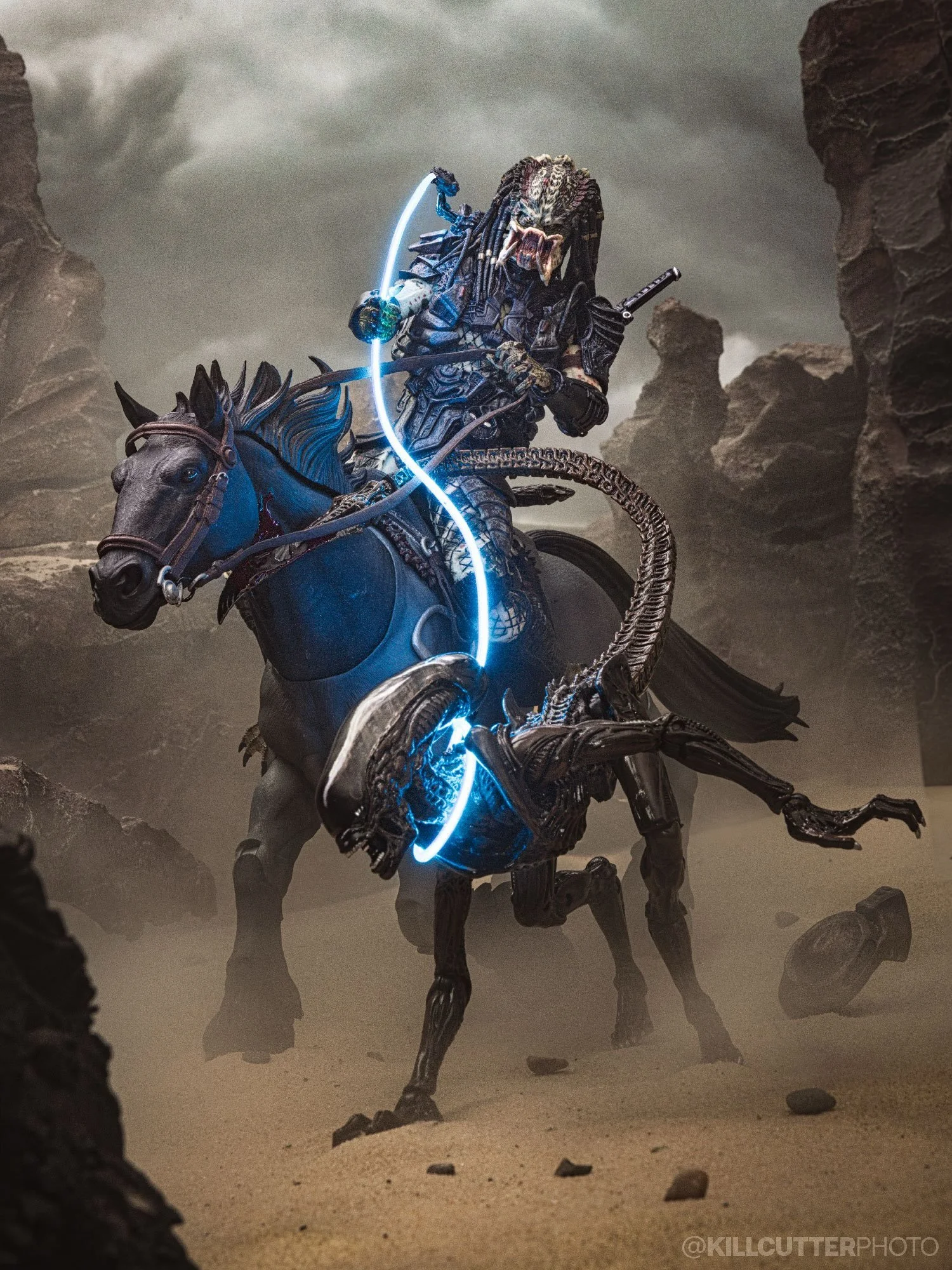 Some outlaws bleed acid.

This may be one of my wackier Predator mashups. I bought these really cool string LED lights that came in different colors and my first thought was sci-fi lasso! It all came together from there. Zoom in close to the Xeno&rsq