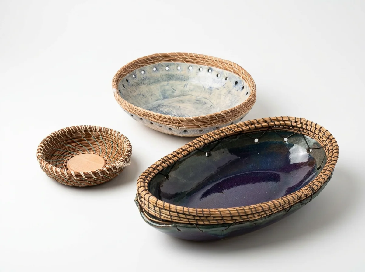 Three hand-thrown ceramic bowls with intricate pine needle coiling woven onto the rims, displayed together on a studio surface, featuring the artist's historic first-ever completed mixed-media vessel.