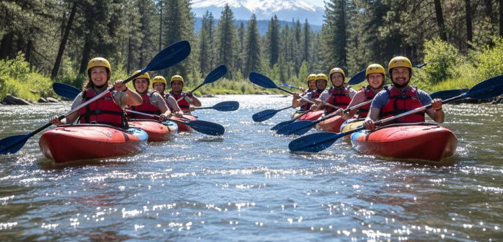 team building kayak group on deschtues river