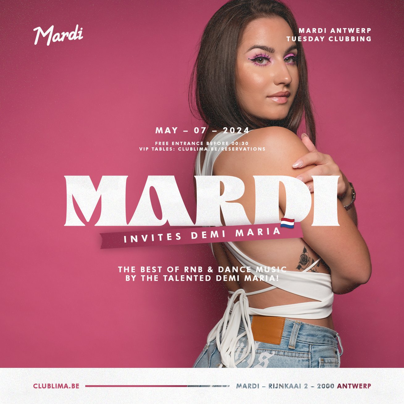 THIS WEEK ON THE MENU: 
TUE | @mardi_antwerp invites @demimariaw 🇳🇱
WED | THIS SENORITA NEEDS A MARGHARITA (next day public holiday) 🍸
FRI | @badhabitsfridays DOWNTOWNFRESH 
SAT | LIRICAL LIVE ON STAGE 🎤
🎫 get your tickets via link in bio
🍾 vip