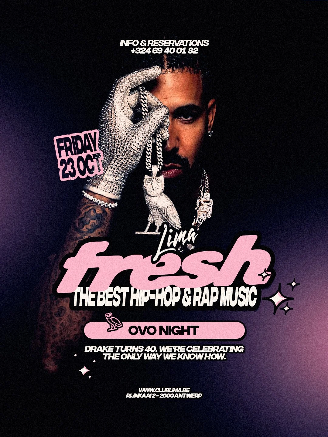 Promotional poster for a hip-hop and rap music event featuring Lil' Louca on OVO Night, with a contact number and details of a celebration for Drake's 40th birthday, showing a person with tattoos, jewelry, and a dark background.