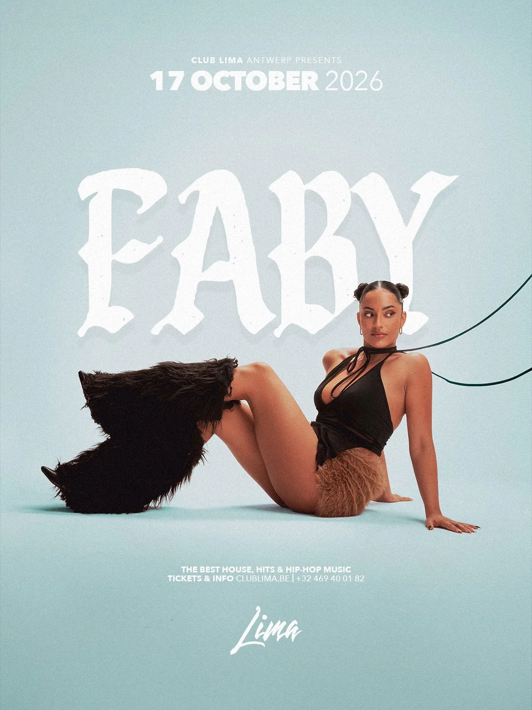 Event poster for FKay at Club Lima Antwerp on October 17, 2026, featuring a woman sitting on the floor in a black top and furry brown shorts, against a light blue background.