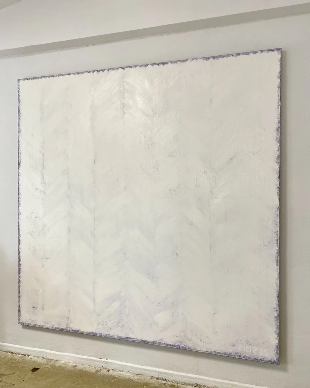 040625 side view, 2025, 195 × 195 cm, oil and acrylic on raw linen