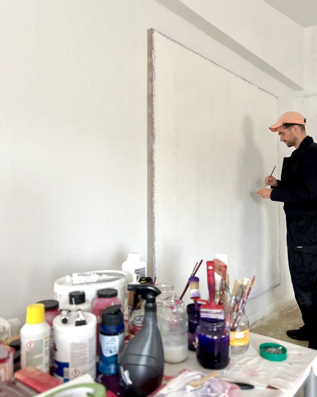 040625 studio view, 2025, 195 × 195 cm, oil and acrylic on raw linen