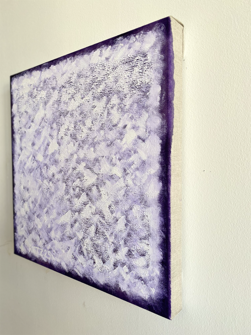 250425 side view, 2025, 50 × 50 cm, oil and acrylic on raw linen