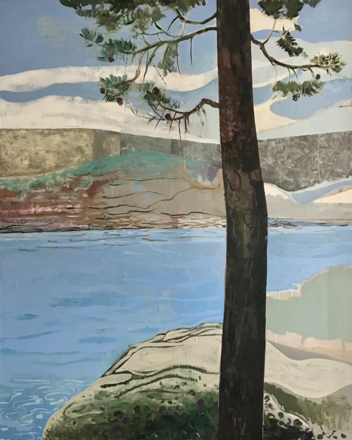 Painting of a landscape with a large tree in the foreground, a body of water, and distant hills under a partly cloudy sky.