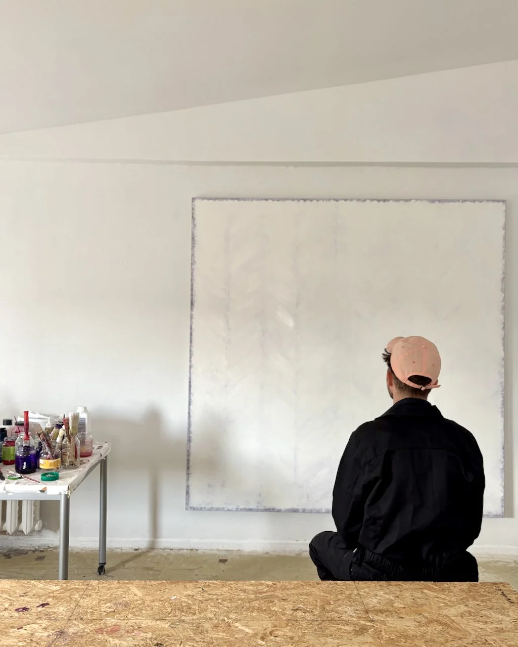040625 studio view, 2025, 195 × 195 cm, oil and acrylic on raw linen