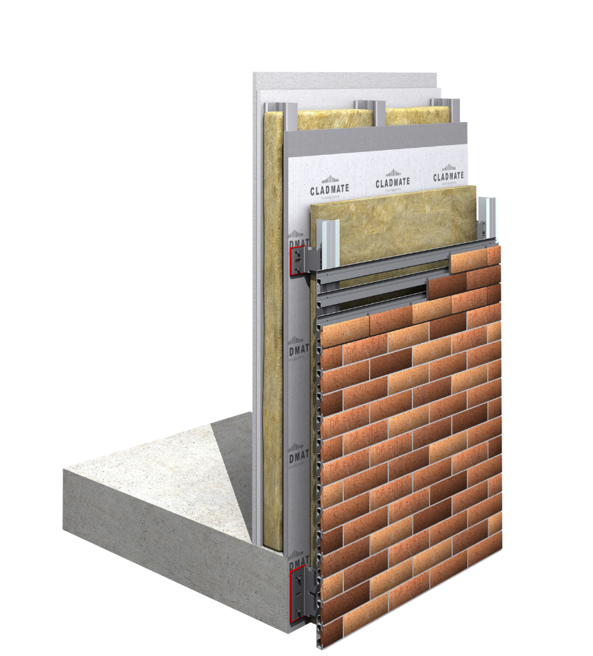 An illustration of a wall cross-section showing layers of insulation, metal framing, and a brick exterior with a concrete foundation.