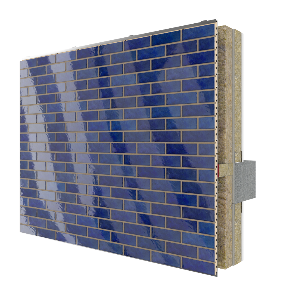 Section of a wall showing blue ceramic tiles, insulation, and wooden framing.