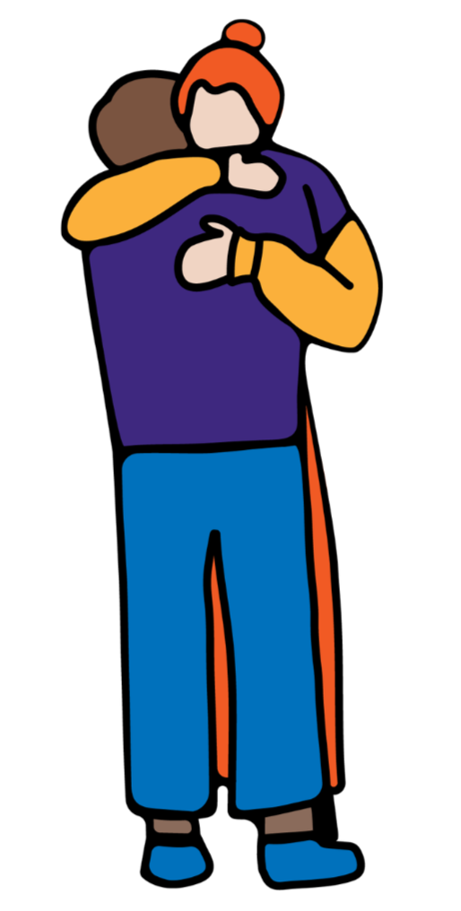 Two people hugging, one wearing a purple shirt and blue pants, the other wearing a yellow shirt and orange pants.