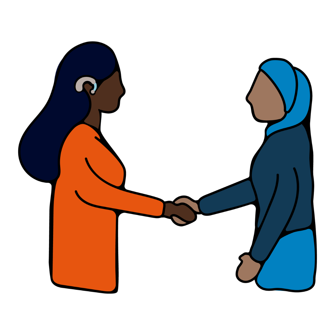 Two individuals are shaking hands. One is wearing an orange shirt and has a hearing aid. The other is wearing a blue hijab and dark blue jacket.