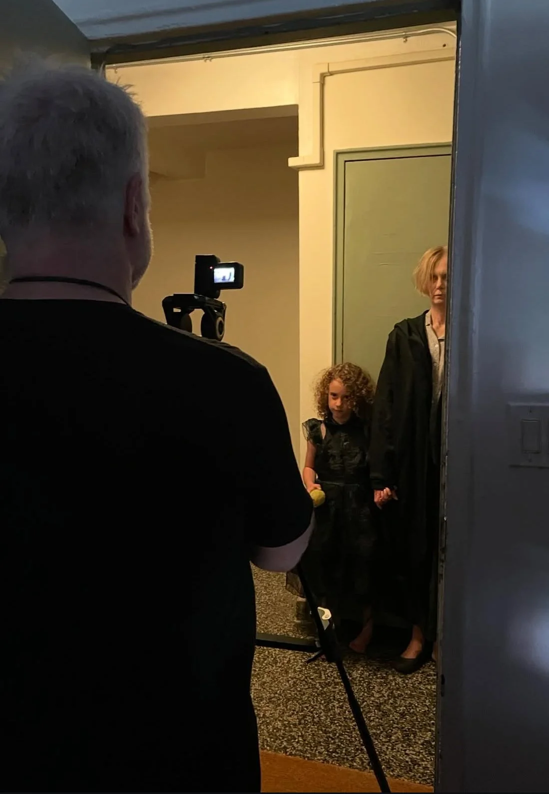 Director Andy Keir with The Strange Child (Indie Griffiths) and The Mysterious Woman (Jolanta Valeikaite).